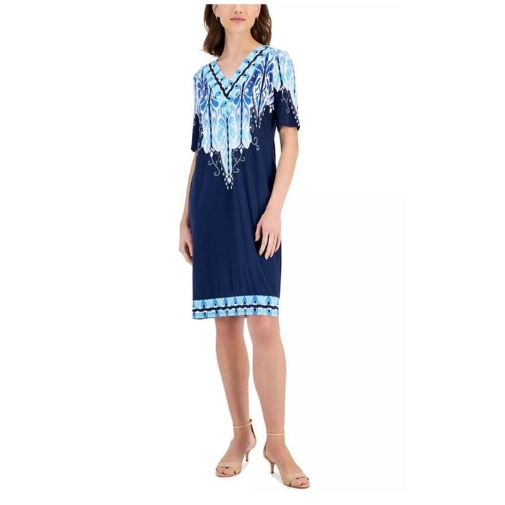 JM Collection Medallion Marvel Dress Intrepid Blue V Neck Short Sleeve Women's S